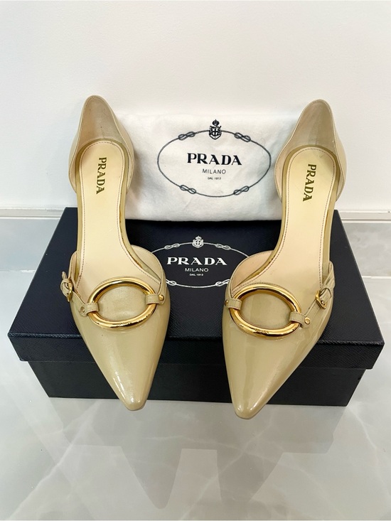 Prada Shoes - Prada Beige Patent Leather Pointed Toe Pumps with Gold Ring